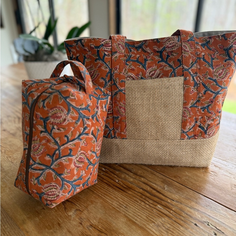 Printed Orange Floral Tote and Pouch Set